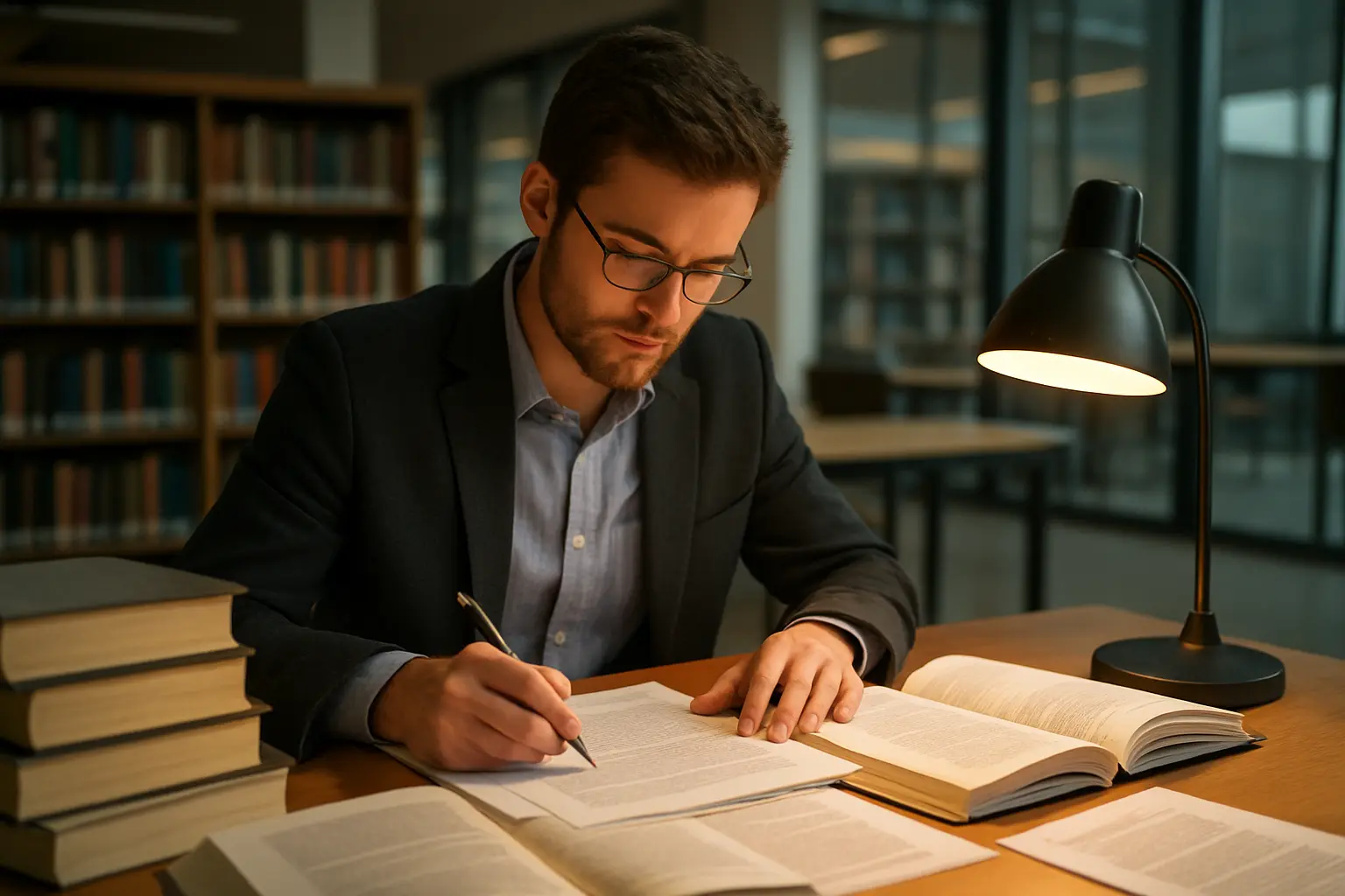 Doktorandin und Betreuer besprechen gemeinsam ein Forschungsvorhaben an einem Universitätsschreibtisch mit Fachliteratur und wissenschaftlichen Unterlagen